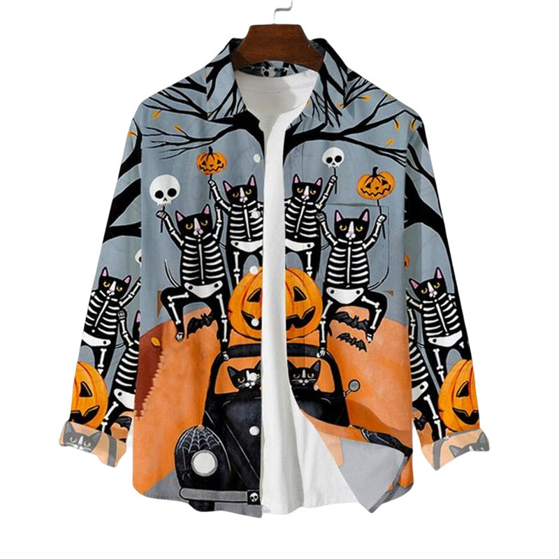 Halloween Skull Pumpkin Print Casual Loose Shirt