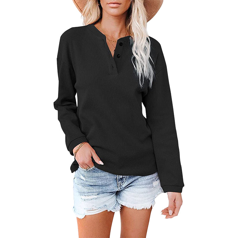 V-neck Solid Color Long-sleeved Top T-shirt