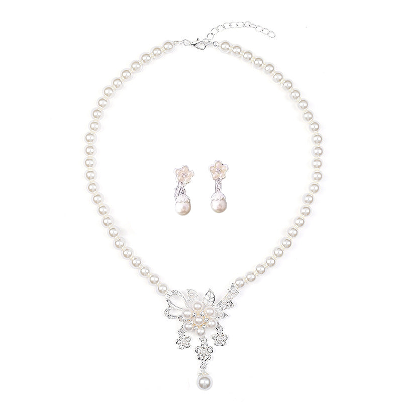 Crystal Diamond Pearl Necklace And Earring Set
