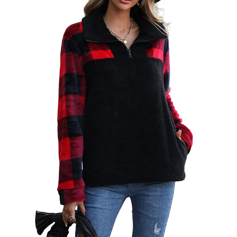 Women's Long Sleeve Top Plaid Quarter Zip Sweatshirt