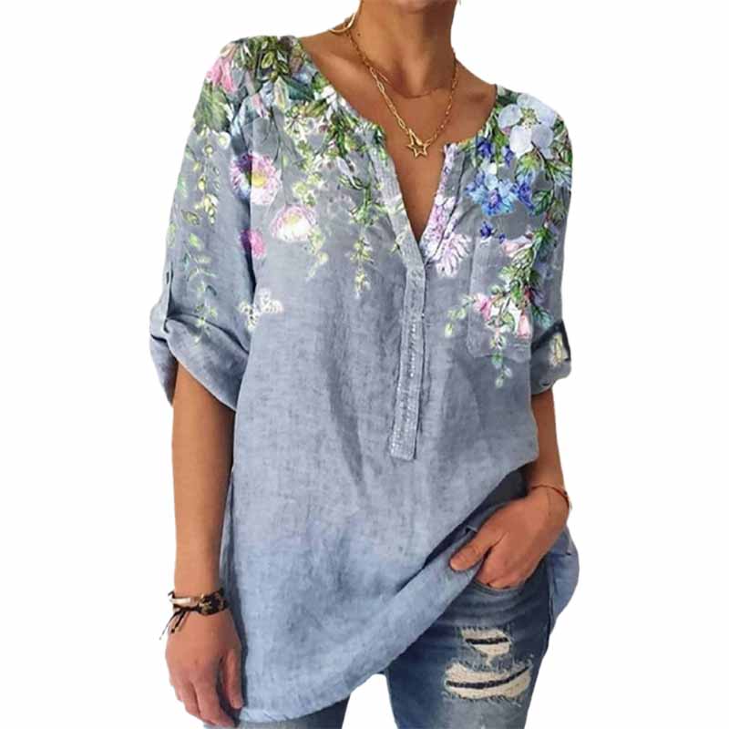 Loose Print V-Neck 3/4 Sleeve Shirt