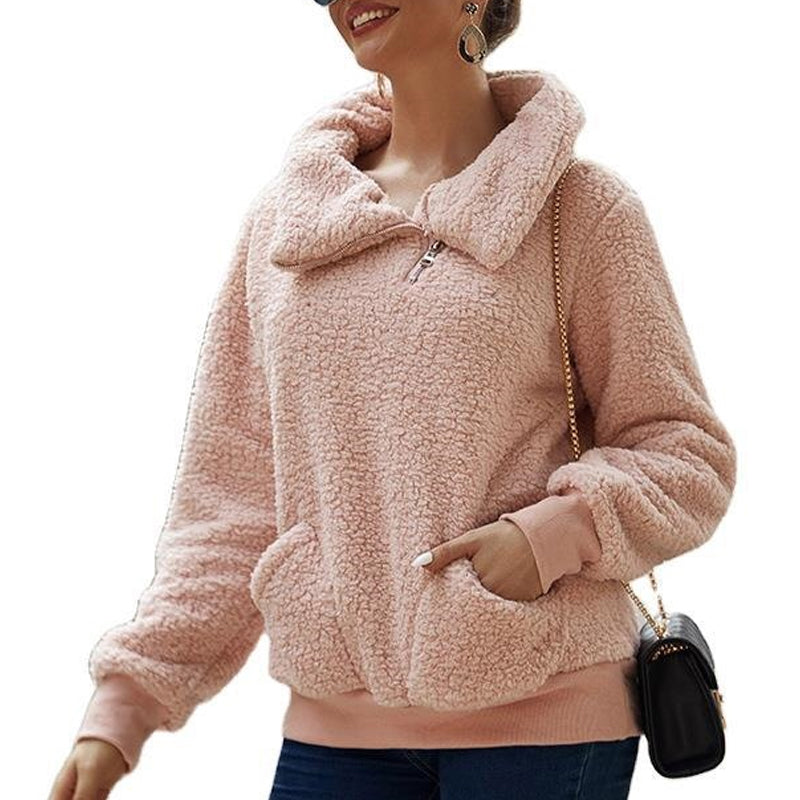 Lamb Fleece Asymmetric Lapel Pullover Solid Color Thickened Sweater