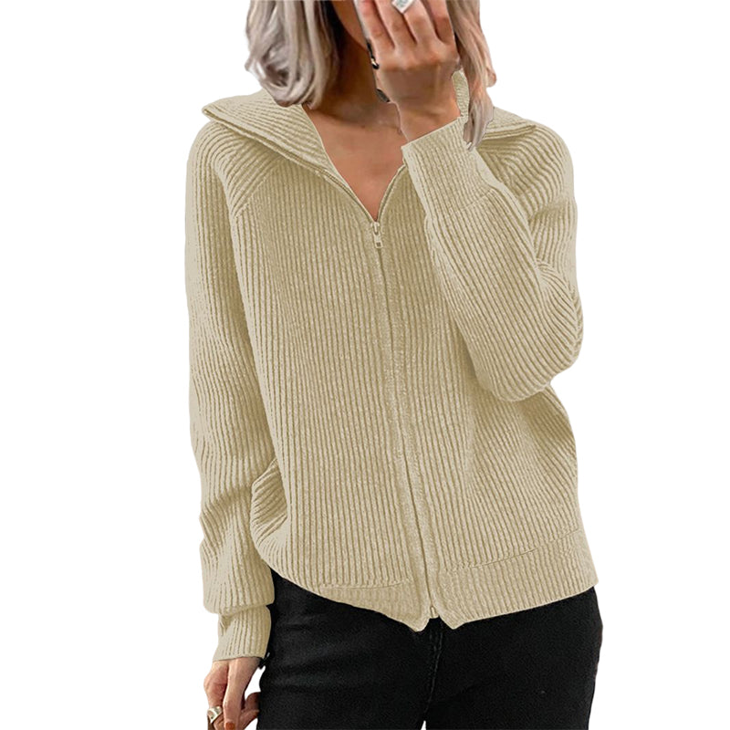 Striped Loose Knit Zip-Up Lapel Sweater