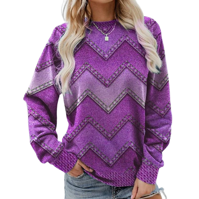 Women's Wavy Denim Print Casual Long Sleeve Sweater