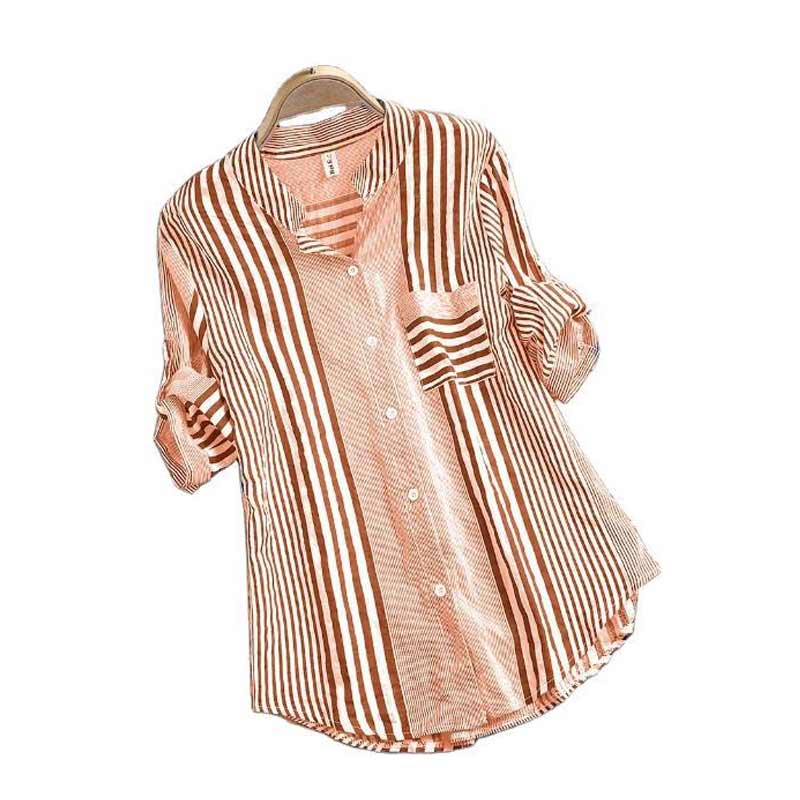 Stripe Print Stand Collar 3/4 Sleeves Blouse