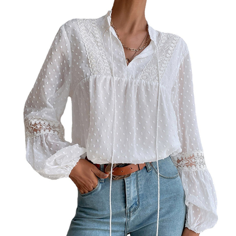 Polka Dot Chiffon Lace Panel Loose Blouse