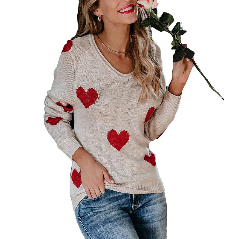 Heart V-Neck Knit Long Sleeve Sweater