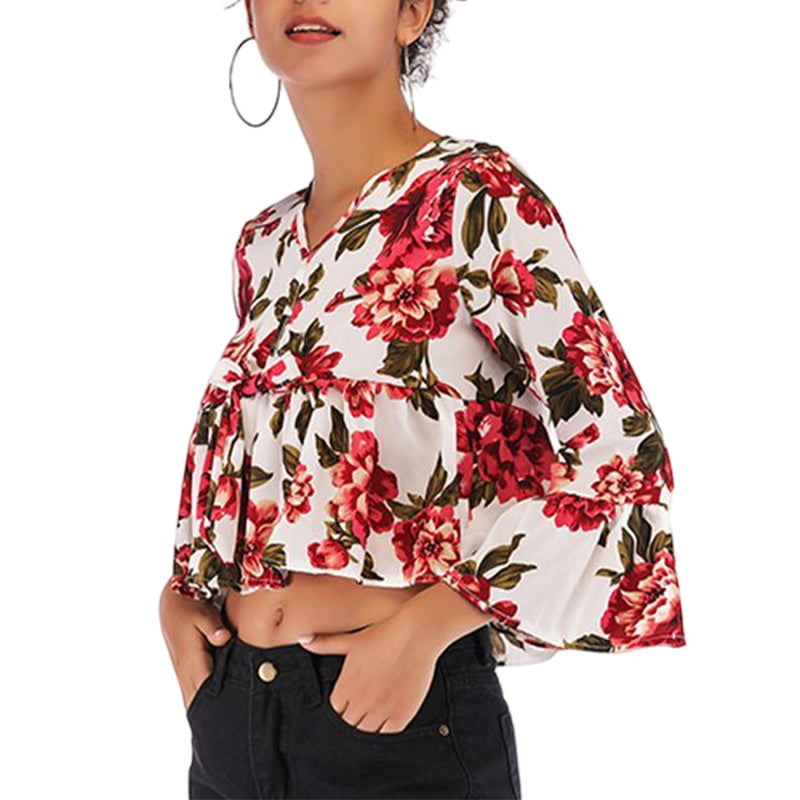 Ladies Summer V-Neck Flared Sleeve Printed Chiffon Shirt