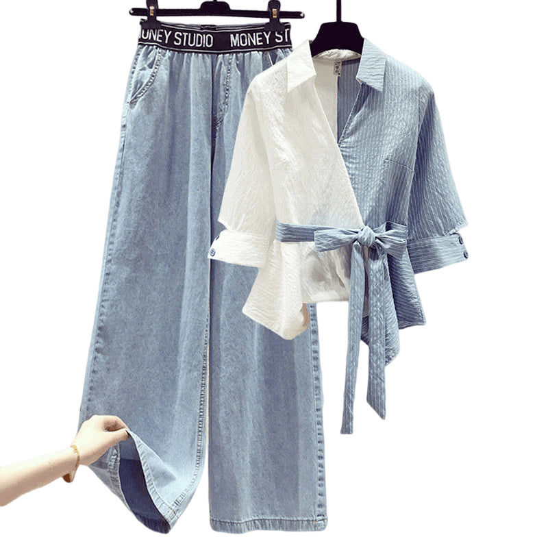 Two-piece Shirt Blouse and Jeans Set