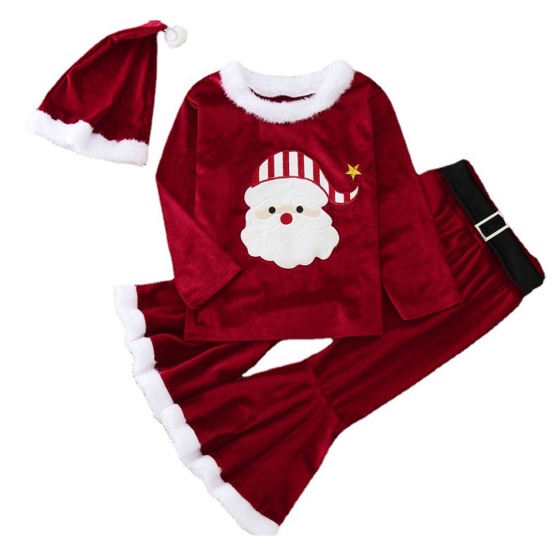 3 piece set of teddy top and flare pants in cute red velvet with Christmas theme