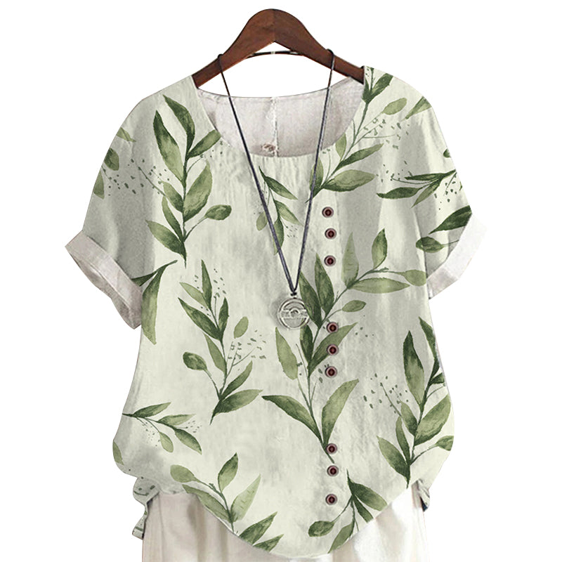 Women Cotton Linen Crew Neck Short Sleeve Tunic