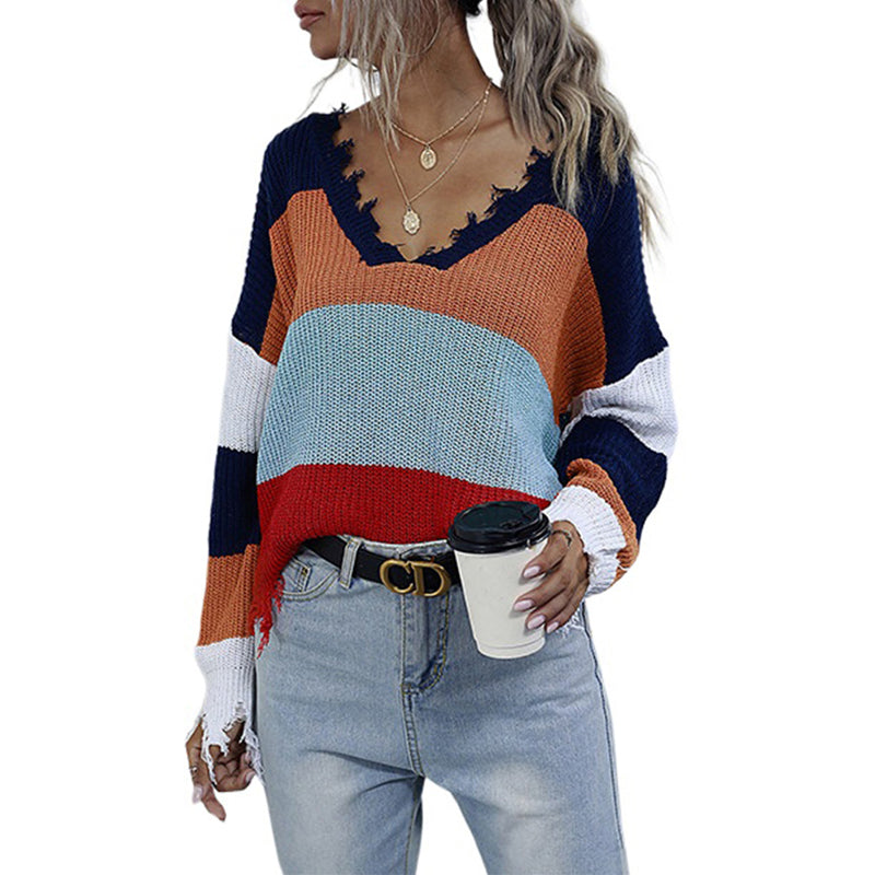 V-neck Irregular Frayed Cropped Sweater
