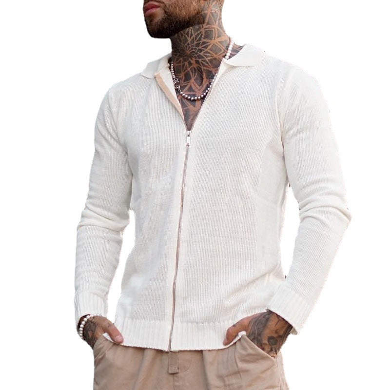 Men's White Long Sleeve Casual Fashion Zip Knit Sweater