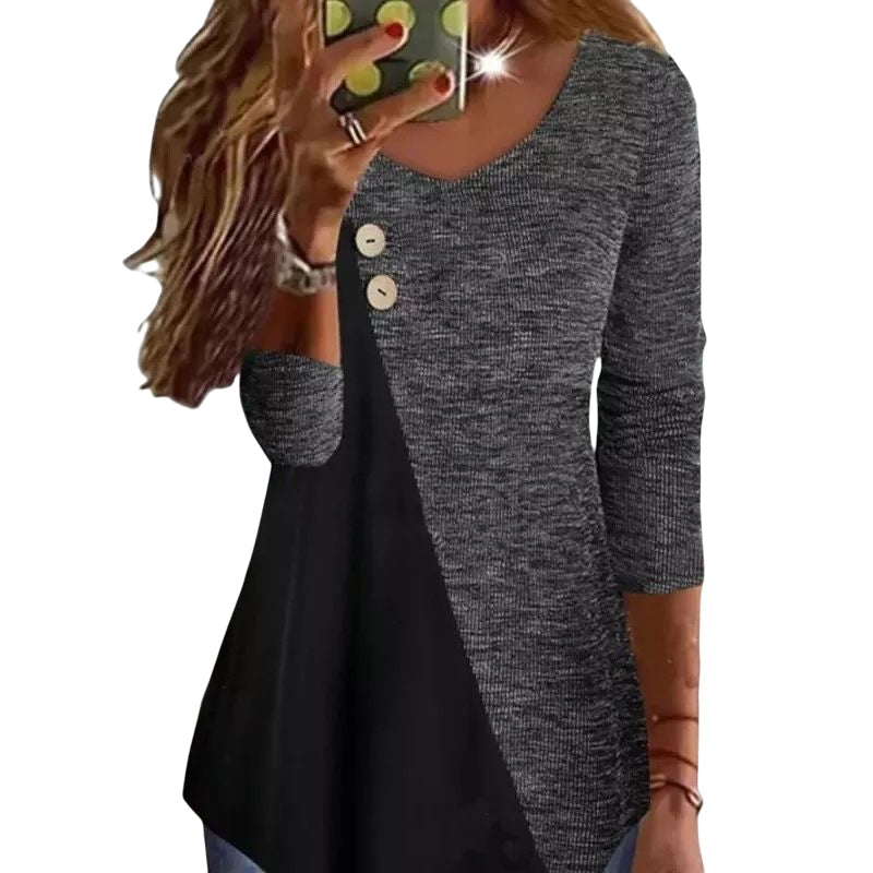 Paneled Contrast V-Neck Long Sleeve T-Shirt