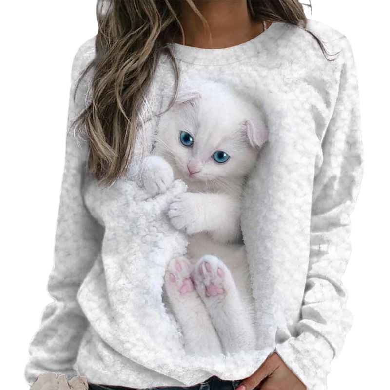 Round Neck Cat Print Sweatshirt