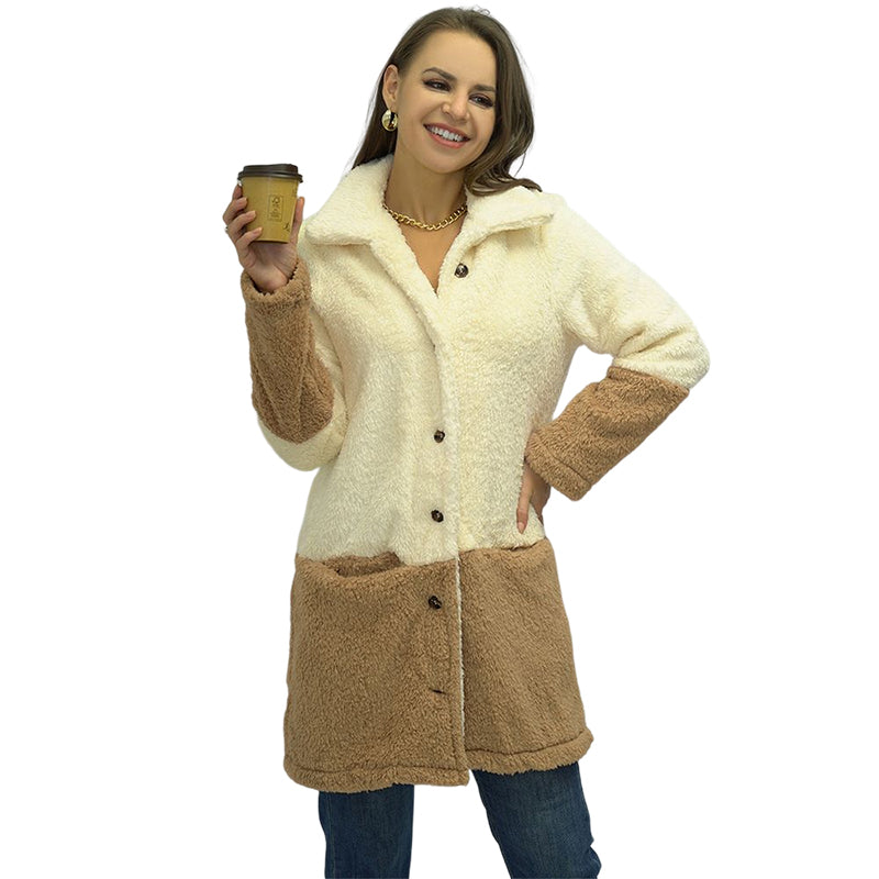 Ladies Colorblock Lapel Double Face Fleece Jacket