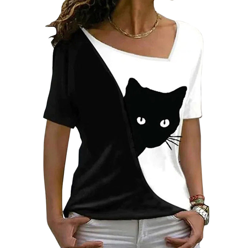Diagonal Neck Black Cat T-Shirt
