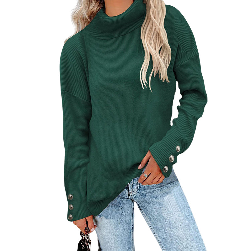 Turtleneck Knit Button Solid Sweater