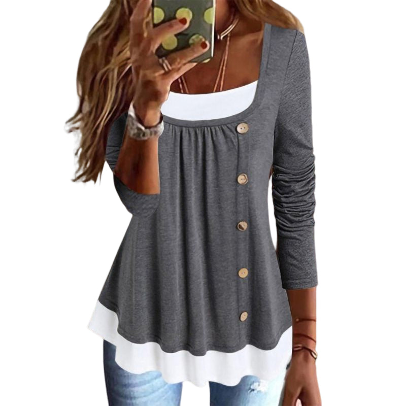 Round Neck Long Sleeve Color Block Button T-Shirt