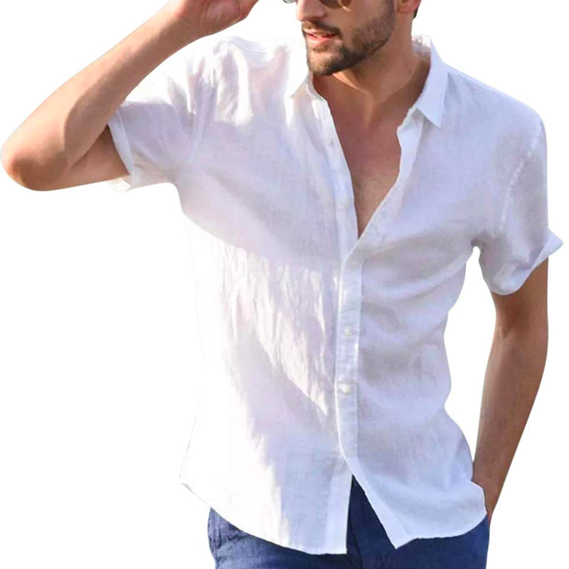 Linen Lapel Solid Color Short Sleeve Shirt