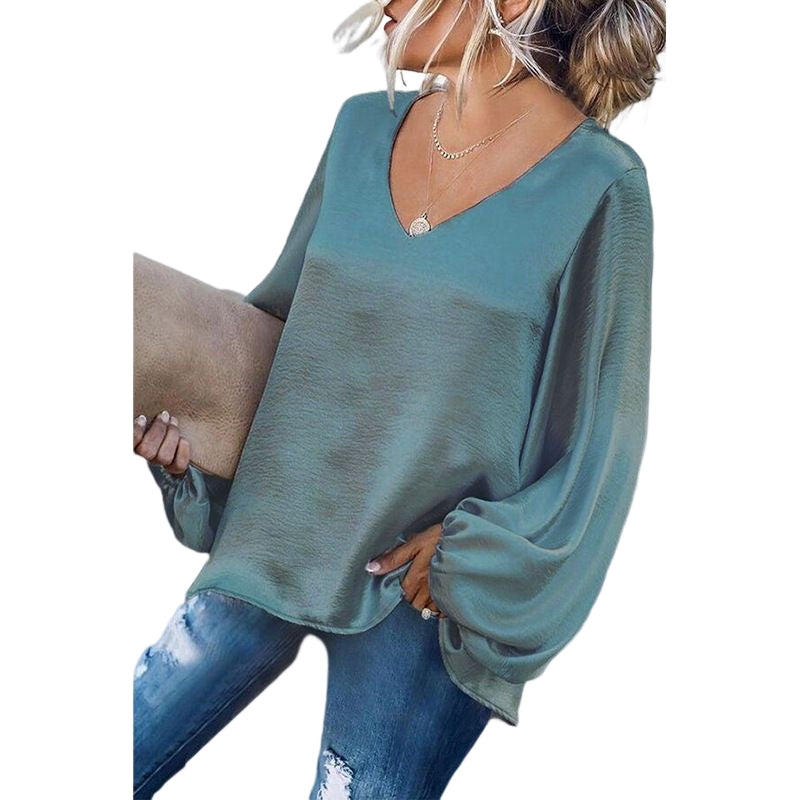V-Neck Satin Long Sleeve Shirt