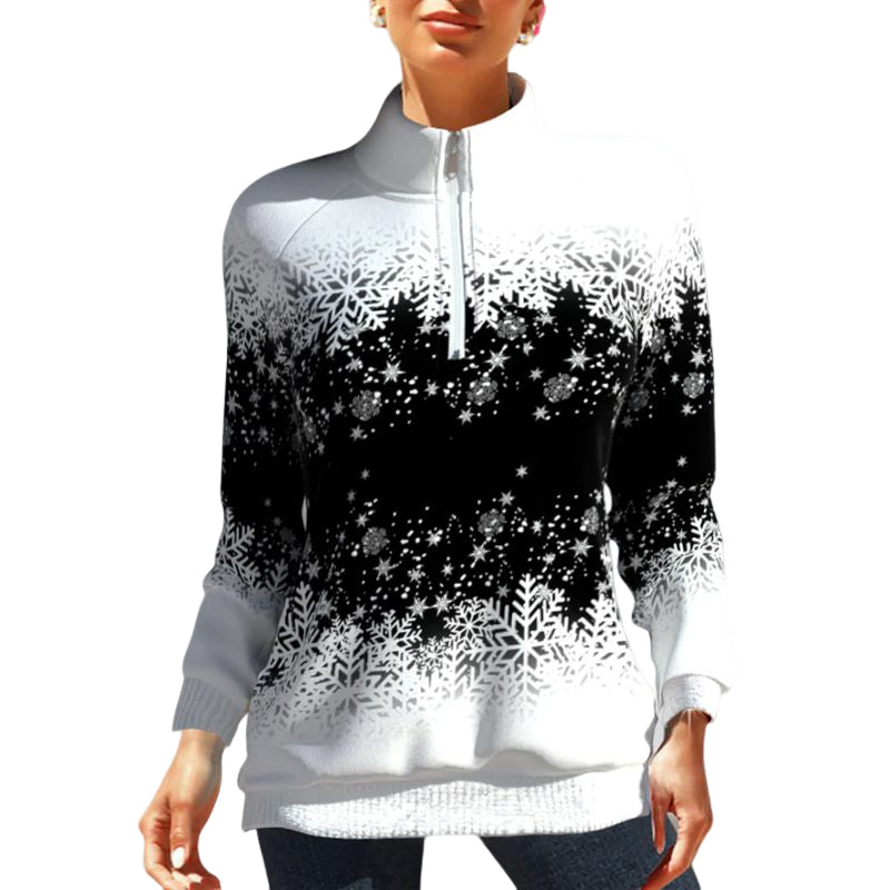 Sweater with Snowflake Print and Zipper