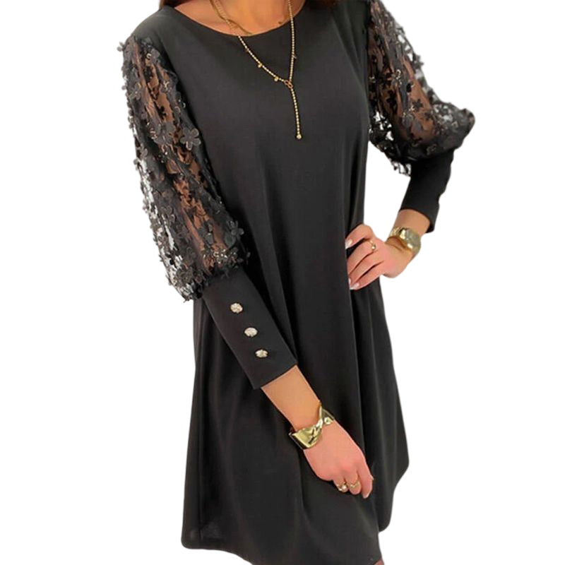 Plain Dress with Round Neck and Puff Sleeves