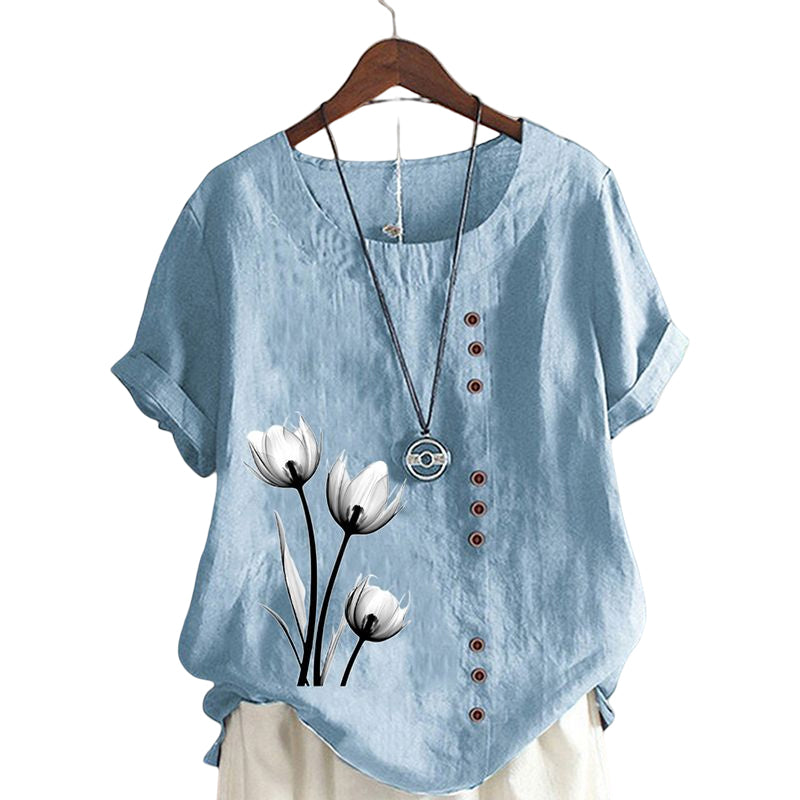 Cotton Linen Print Vintage T-Shirt