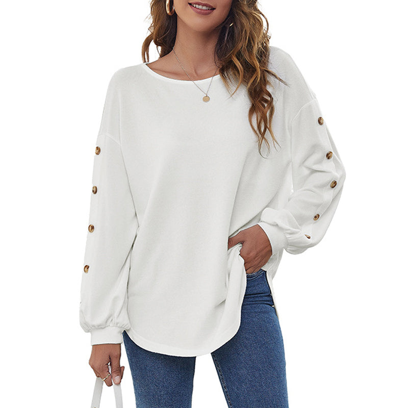 Round Collar Loose Leisure Lantern Buckle T-shirt