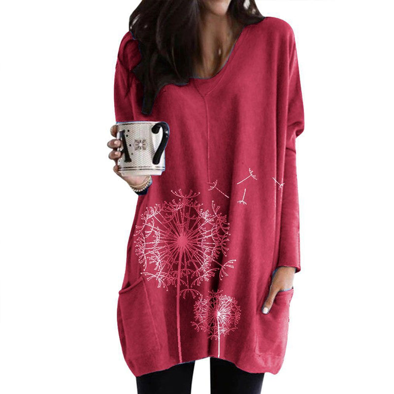 Women's Round Neck Printing Long-sleeved Top Sweater