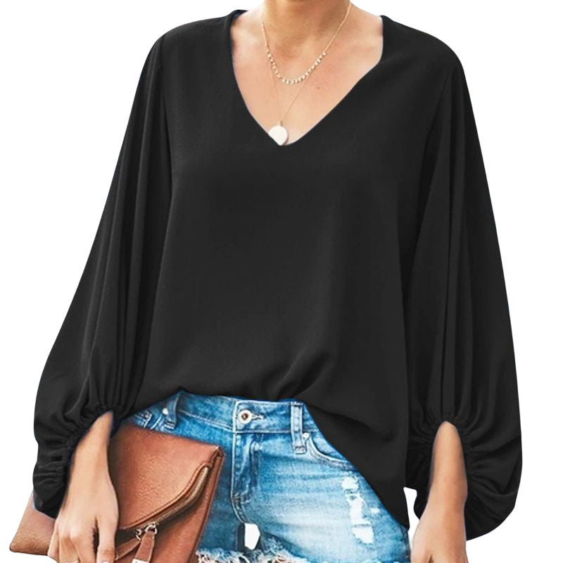 V-Neck Balloon Sleeve Loose T-Shirt