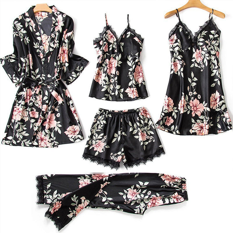 Sexy Lace Floral Printing Silk Pajamas Set