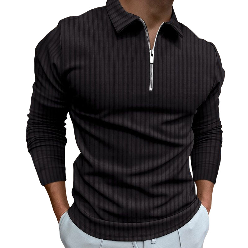 Polo Shirt Zipper Stripe Long Sleeve Men's Polo Shirt