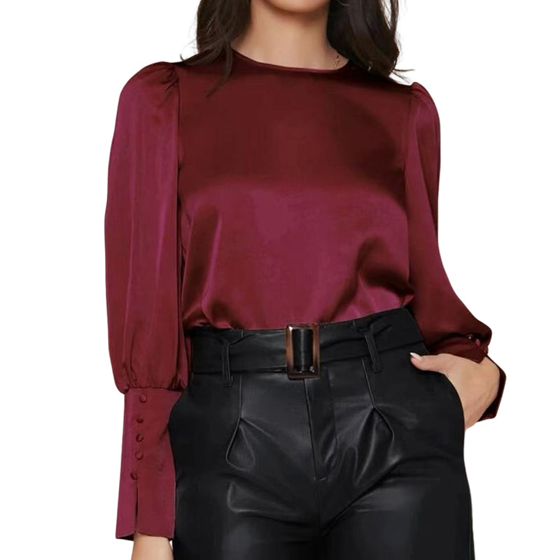 Crew Neck Button-Up Satin Shirt