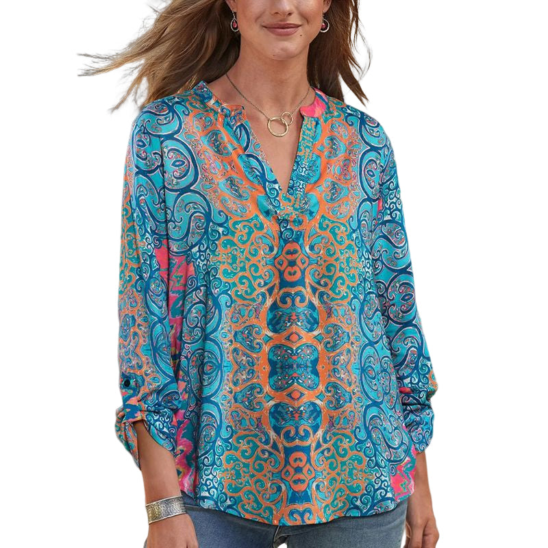 Printed Long Sleeve V Neck Casual T-Shirt