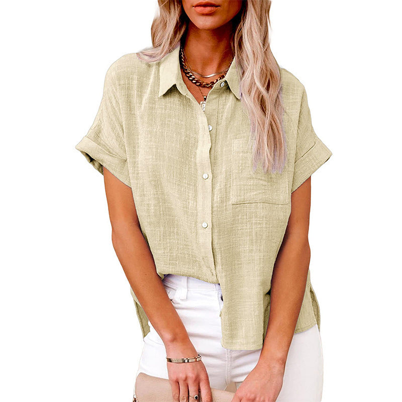 Women's Solid Color Pocket Short Sleeve Cotton Linen Shirt