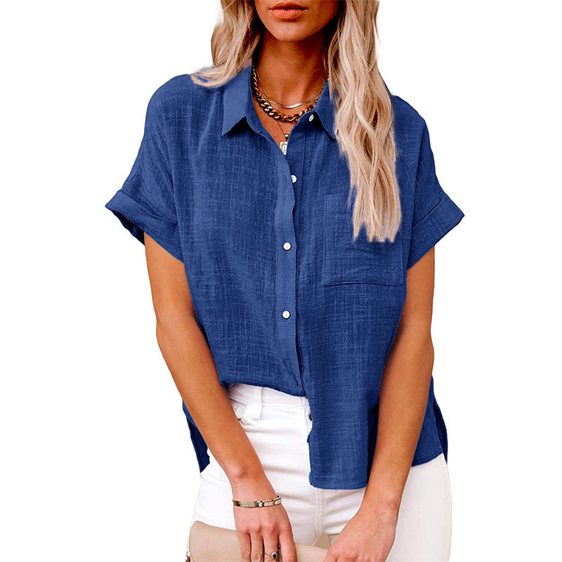 Women's Solid Color Pocket Short Sleeve Cotton Linen Shirt
