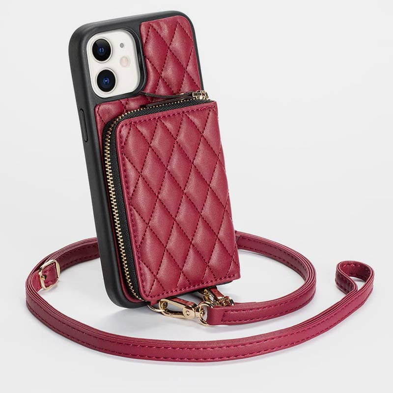 iPhone Phone Case Quilted Leather Wallet Case Card Holder with Crossbody Strap