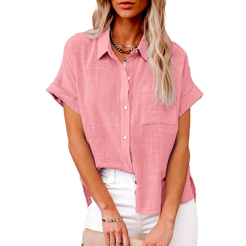 Women's Solid Color Pocket Short Sleeve Cotton Linen Shirt