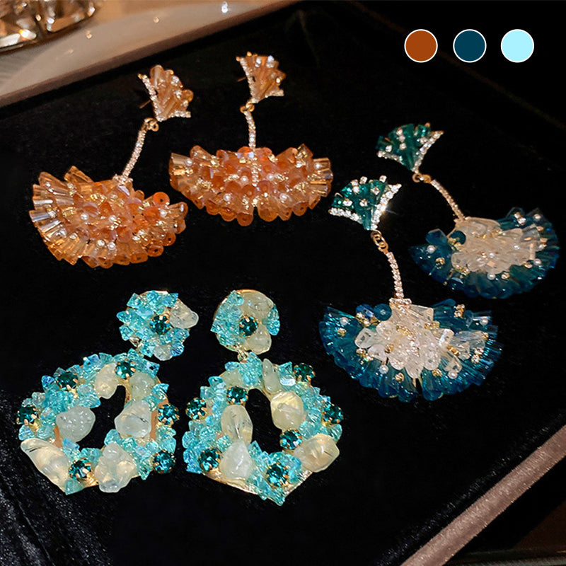 Diamond Encrusted Crystal Fan-Shaped Ginkgo Leaf Earrings