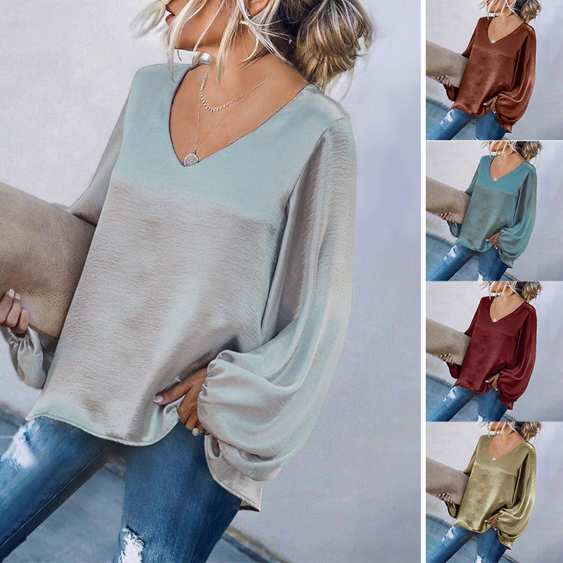 V-Neck Satin Long Sleeve Shirt