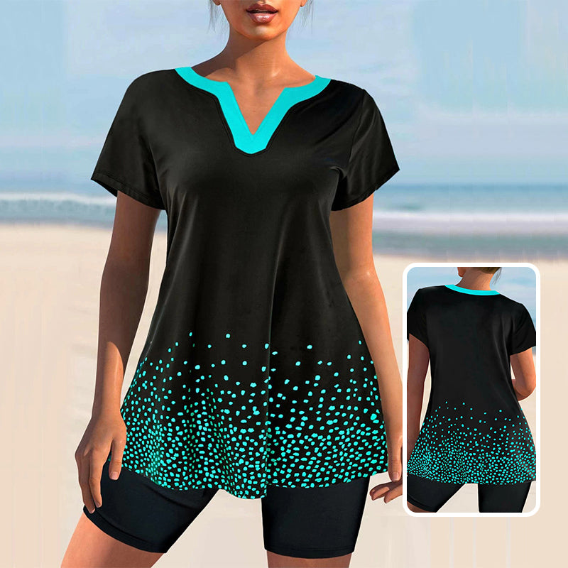 Conservative V Neck Polka Dot Swimsuit