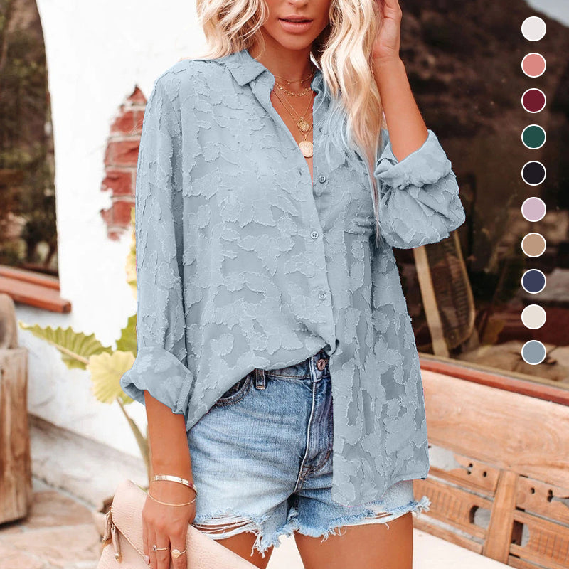 Solid Color Cutout Chiffon Jacquard Button Long Sleeve Shirt
