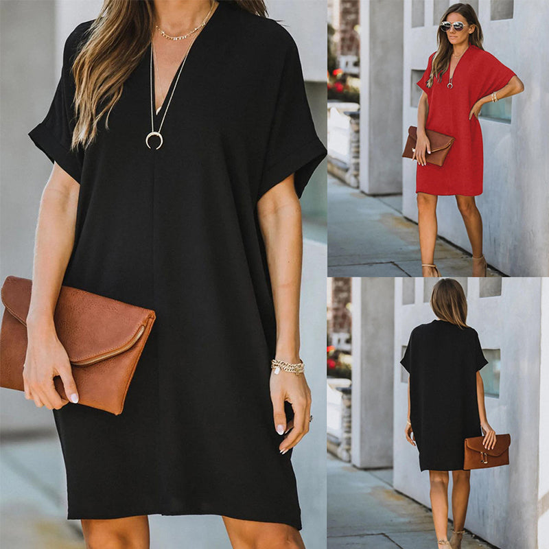 V Neck Short Sleeve Solid Color Loose Dress