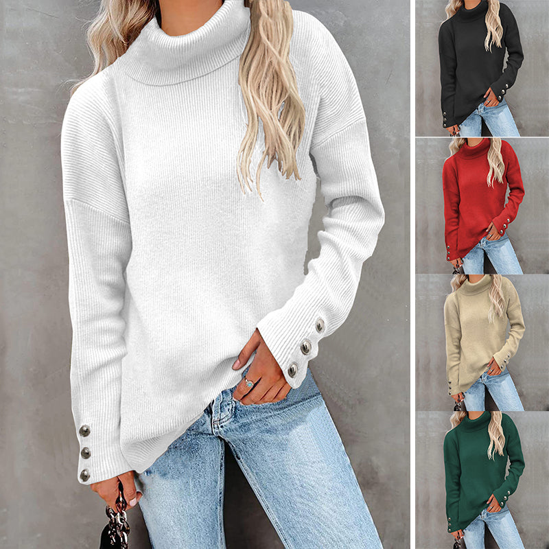 Turtleneck Knit Button Solid Sweater