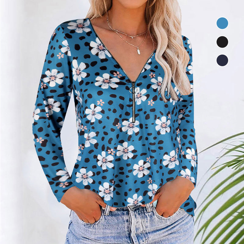 Floral Zipper V-neck Long Sleeves Shirt