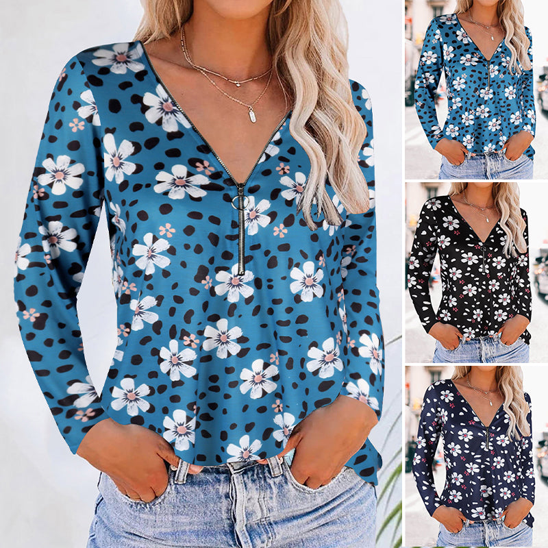 Floral Zipper V-neck Long Sleeves Shirt