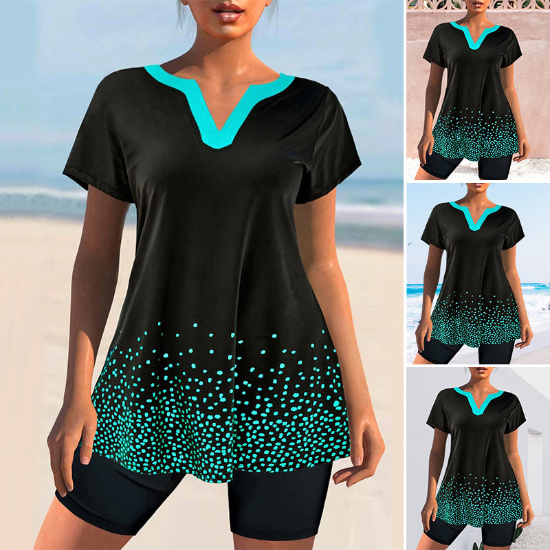 Conservative V Neck Polka Dot Swimsuit