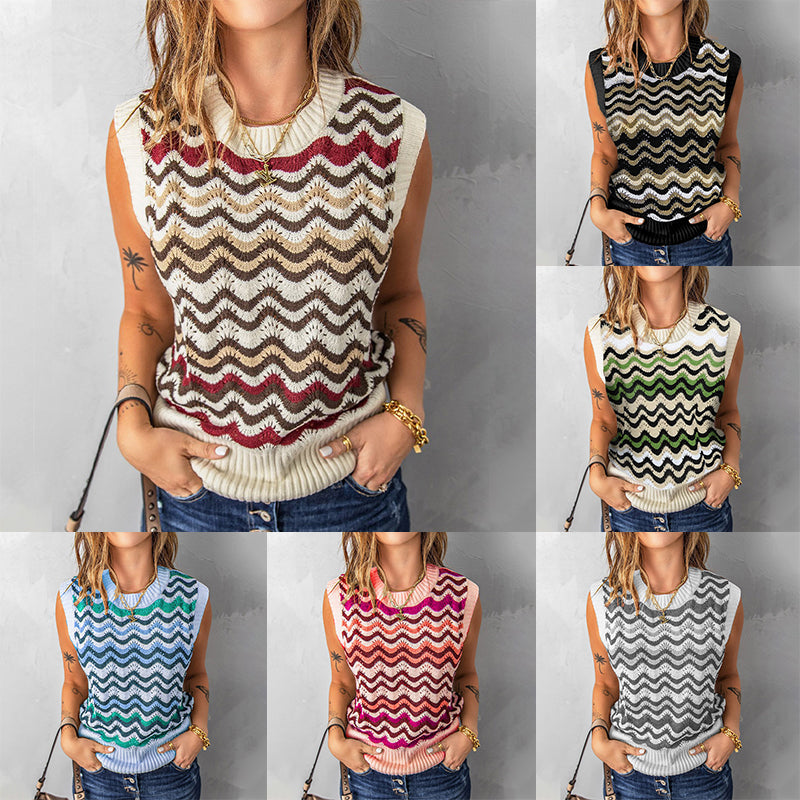 Wavy Striped Knitted Vest Sweater