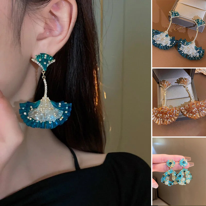 Diamond Encrusted Crystal Fan-Shaped Ginkgo Leaf Earrings